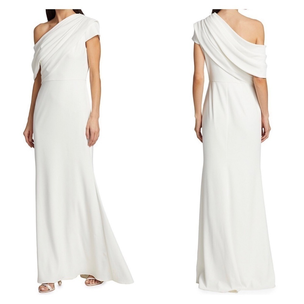 Badgley Mischka Asymmetric One Shoulder Bridal Gown White Wedding Dress Size 6 - Picture 8 of 13